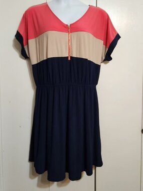 Fever Colorblock Dress Womens XL Navy Coral Tan Zipper V-Neck Short Sleeve
